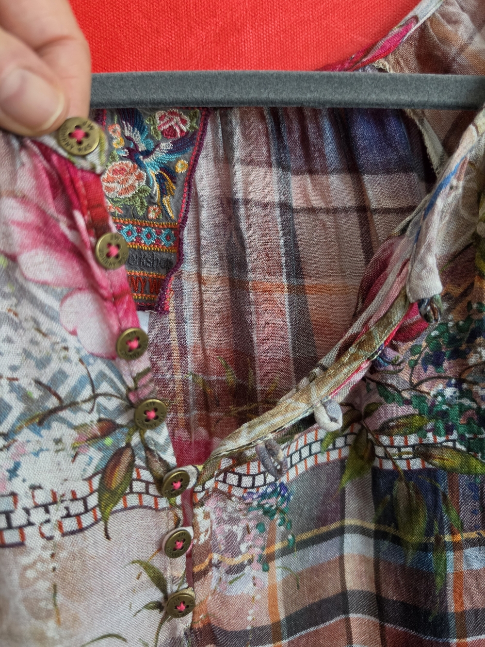 Johnny Was Multicolor Floral & Plaid Midi Dress - Picture 3 of 4